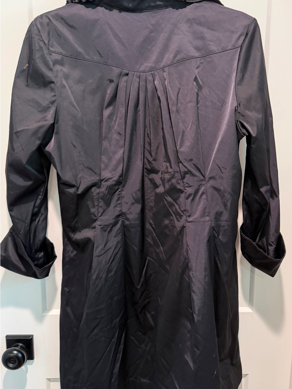 ELLE Black Satin Sheen Hooded Trench Coat Jacket Size L Lightweight Longline - Picture 6 of 9